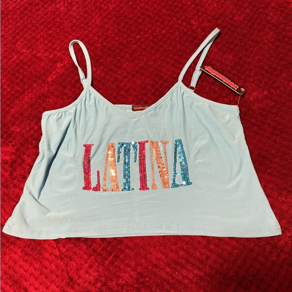 Weekending women’s XL top with sequins bling”LATINA”. Sexy